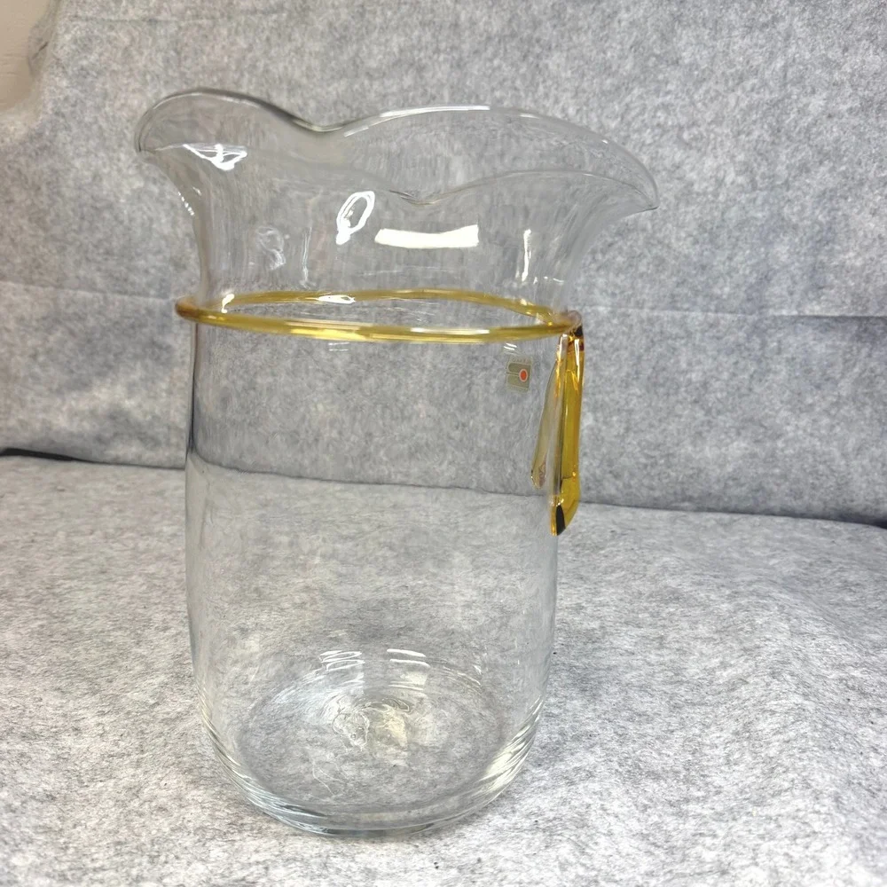 Blenko Art Glass Clear Pitcher Amber Wrap Tie Detail Handblown Vintage MCM 9.5